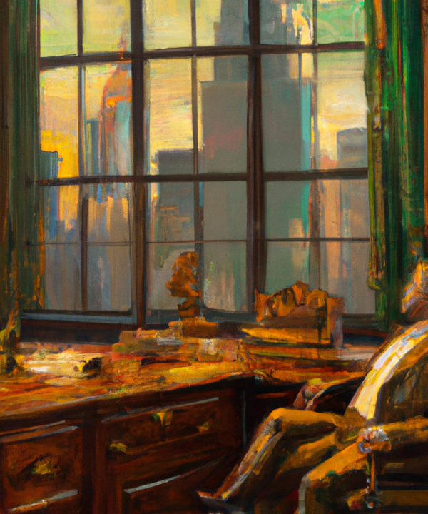 DALL·E 2023-07-29 08.32.05 - an romantic painting of Timo Strattner sitting on a grand executive desk overlooking wall street